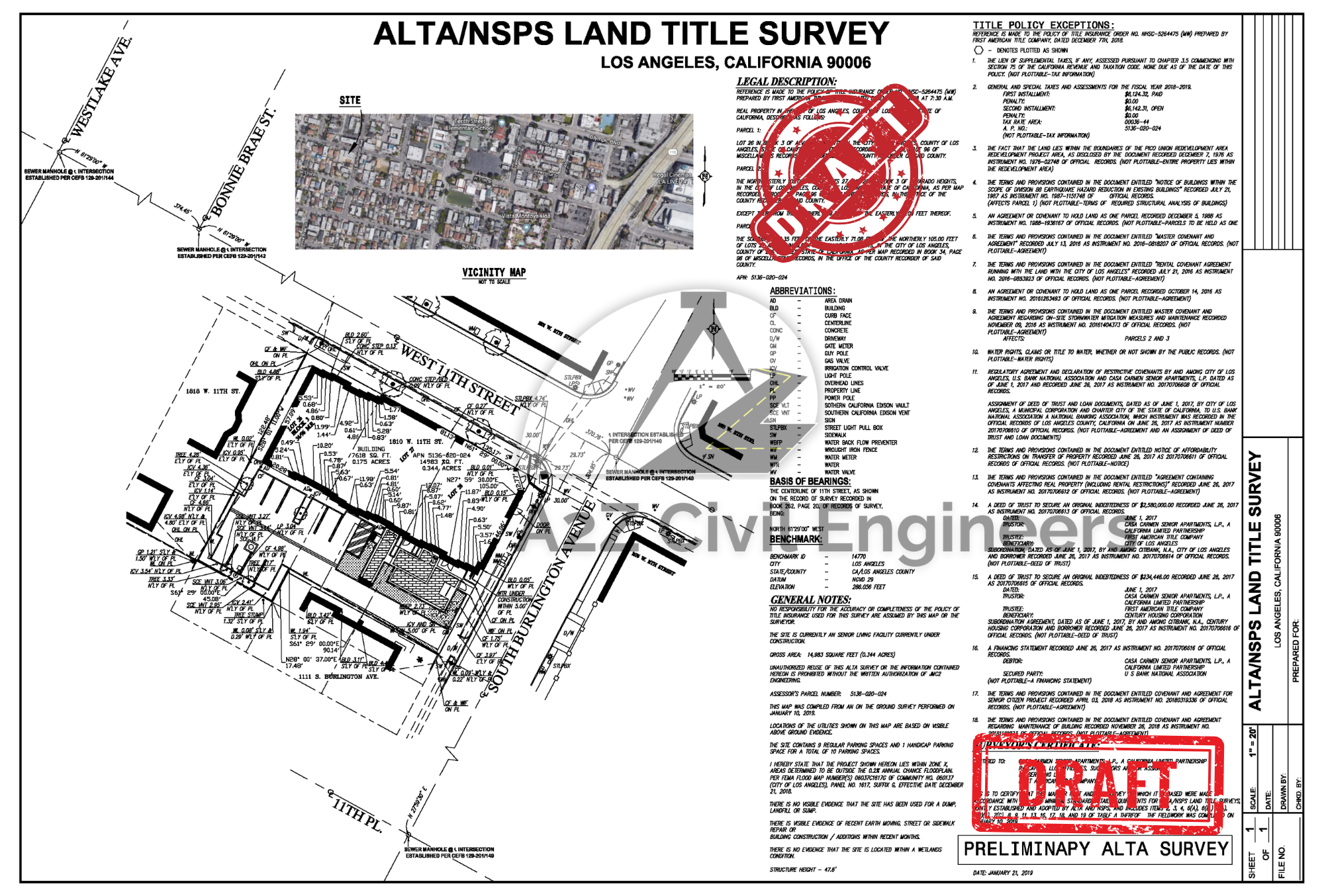 ALTA NSPS survey drafting sample — boundary lines and easements — A2Z Civil Engineers